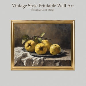 Moody Quince Fruit Oil Painting Print - Vintage style still life for a Rustic Cottage Decor