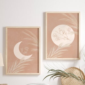 Terracotta Sun and Moon Art Set of 2 Prints, Modern Boho Terracotta Sun and Moon, Boho Print Set, Flower Moon Abstract Poster , Digital Art