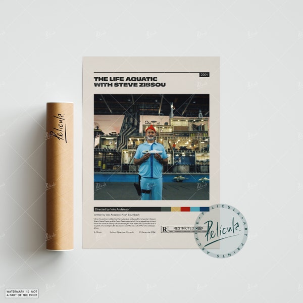 The Life Aquatic mit Steve Zissou | Wes Anderson | Minimalistisches Filmposter | Vintage Retro Kunstdruck | Wand Kunstdruck | Wohndekor