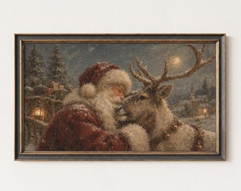 Christmas Santa and Reindeer Frame TV Art, Vintage Winter Painting, Digital Download