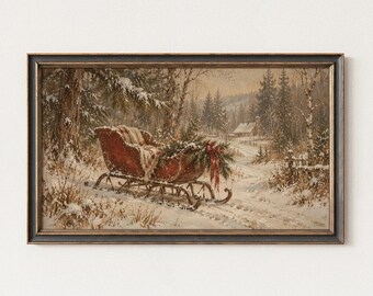 Vintage Christmas Frame TV Art, Sleigh Plaid Decor, Holiday Digital Download