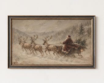 Vintage Santa Sleigh Painting Frame TV Art, Christmas Holiday Decor, Digital Download