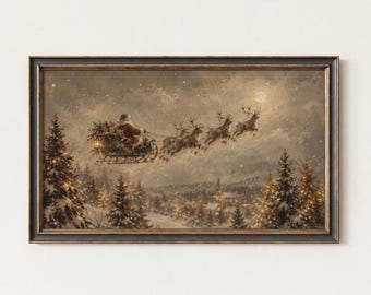 Vintage Christmas Santa Sleigh Frame TV Art Download, Rustic Winter Holiday Decor