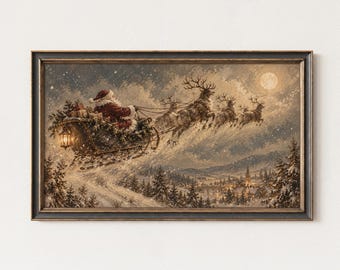 Vintage Christmas Flying Santa Sleigh Frame TV Art, Digital Holiday Landscape Wall Art