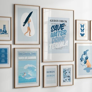Coastal Cowgirl Blue Preppy Gallery Wall Art Set of 10 Prints, Beachy Room Decor Aesthetic, Light Blue Surf Poster Teen Girl Apartment Decor