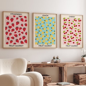 Set Of 3 Fruit Market Prints, Gallery Wall Set, 3 Piece Wall Art, Lemon Print, Fruit Wall Art, Strawberry Print, Digital Art Set