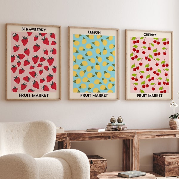 Set Of 3 Fruit Market Prints, Gallery Wall Set, 3 Piece Wall Art, Lemon Print, Fruit Wall Art, Strawberry Print, Digital Art Set