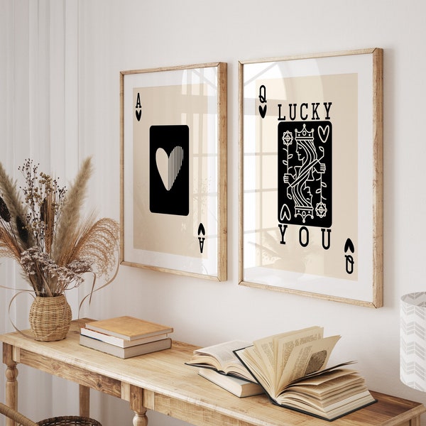 Retro Trendy Wall Art Set of 2, Lucky You Poster, Aesthetic Room Decor, Playing Cards, Black Ace Card Poster, Funky Wall Art