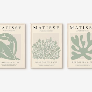 Matisse Print Set, 3 Piece Wall Art, Sage Green Print Set, Gallery Wall Set, Exhibition Print Set,  Matisse Poster, Digital Print Set