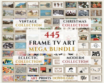 Könnte beinhalten: Eine Collage aus 445 gerahmten digitalen Kunstdrucken in verschiedenen Stilen, darunter Vintage, Weihnachten, eklektisch und modern. Das Bild enthält den Text "445 Frame TV Art Mega Bundle".