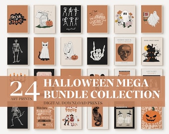 May include: A set of 24 digital printable Halloween art prints. The prints feature various Halloween themes, including ghosts, skeletons, cats, pumpkins, and spooky houses. The prints are in a variety of colors, including black, white, orange, and brown.