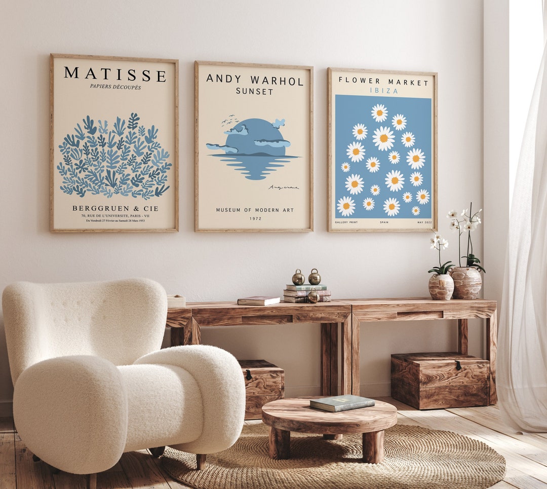 Blue Gallery Wall Set, 3 Piece Wall Art, Matisse Wall Art, Flower Market Print, Andy Warhol