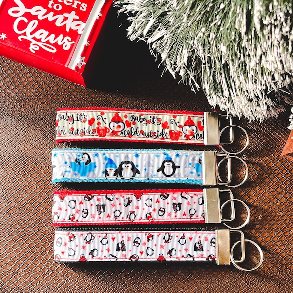 Christmas Key Fob Wristlet, Holiday Penguin Keychain, Christmas Penguin Accessories, Christmas Gifts for Her or Him, Penguin Gift for Kids