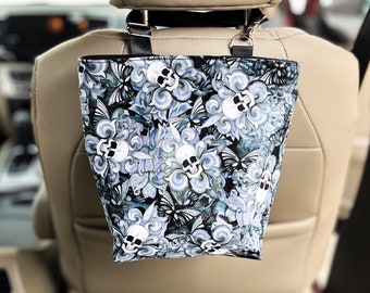 Poubelle de voiture, accessoires de voiture pour femme avec tissu gothique crâne d'Halloween, cadeau automobile pour ados, cabas imperméable suspendu pour intérieur de voiture