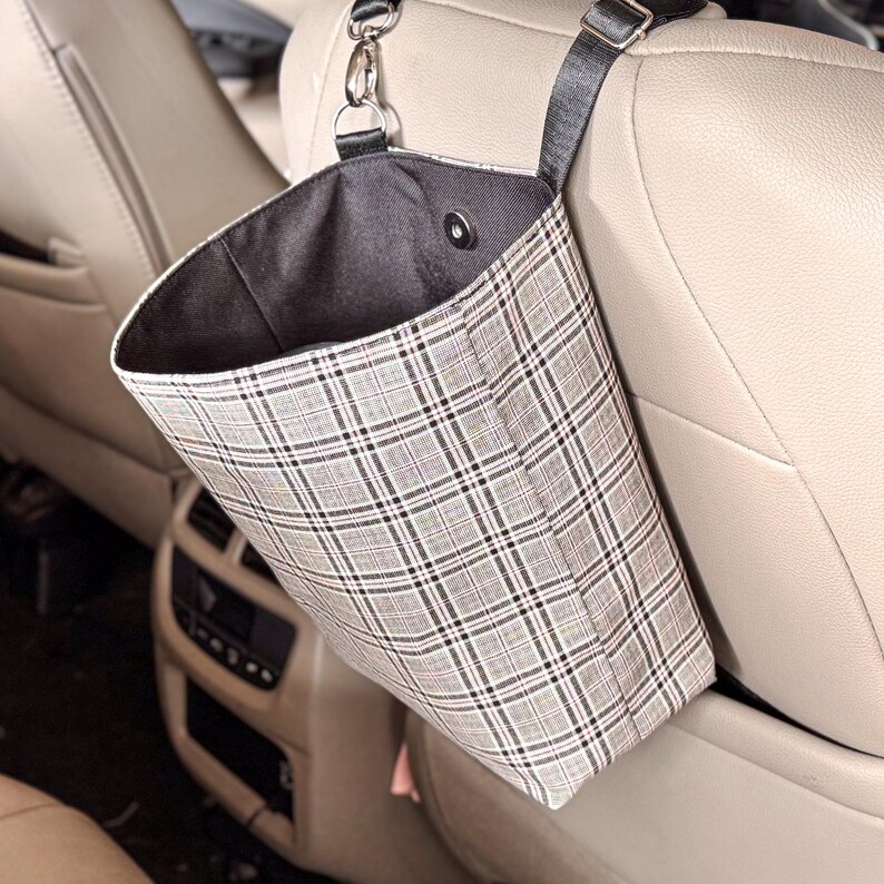 Custom Plaid Waterproof Hanging Car Trash Can, Cute Organization Accessories, Handmade Rubbish Bag, Hanging Tote with Magnetic Snap Closure image 8