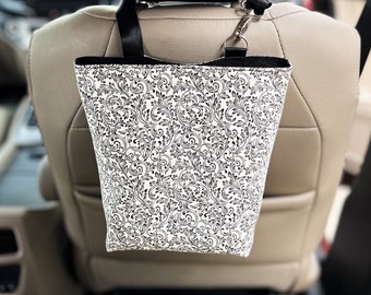 Sac poubelle pour voiture fait main, fourre-tout imperméable damassé noir, poubelle de rangement suspendue pour voiture
