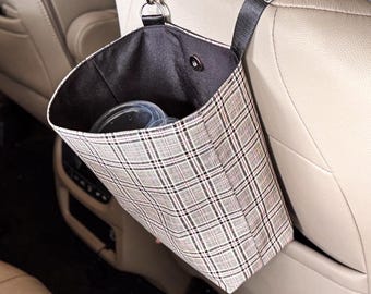 Custom Plaid Waterproof Hanging Car Trash Can, Cute Organization Accessories, Handmade Rubbish Bag,  Hanging Tote with Magnetic Snap Closure