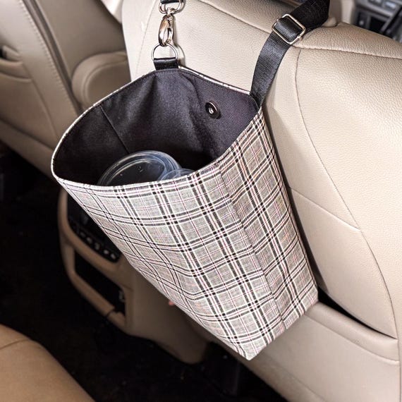 Custom Plaid Waterproof Hanging Car Trash Can, Cute Organization Accessories, Handmade Rubbish Bag,  Hanging Tote with Magnetic Snap Closure