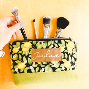 Limited Edition Lemon Print Handmade Makeup Bag - Personalized Cosmetic Pouch - Yellow Waterproof Canvas - Lemon Lovers Toiletry Bag