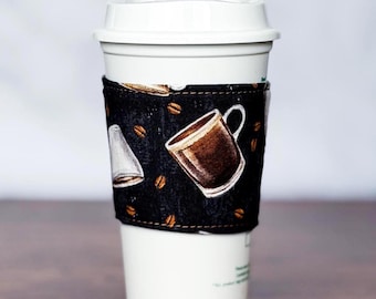 Personalized Fabric Coffee Cup Sleeve, Reversible Coffee Cozy