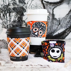 Halloween Coffee Sleeve for Hot or Iced Drink, Fabric Coffee Cozy, Spooky Season Hot or Cold Drink Holder, Halloween Gift Idea
