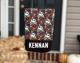 Personalized Halloween Trick or Treat Bag, Jack Skellington Fabric Tote