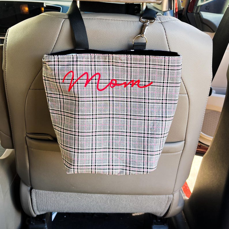Custom Plaid Waterproof Hanging Car Trash Can, Cute Organization Accessories, Handmade Rubbish Bag, Hanging Tote with Magnetic Snap Closure image 2