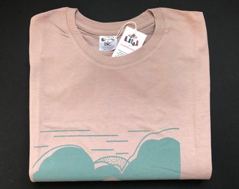 Abstract Landscape pink T-shirt. 100% cotton, screen printed by hand. Size M.