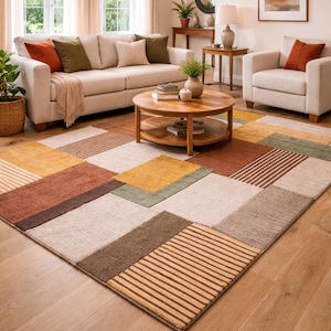 Dywan wełniany tuftowany ręcznie, nowoczesny geometryczny dywan patchworkowy, salon w stylu boho abstrakcyjnym