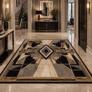 May include: A rectangular Art Deco rug with a geometric design in black, grey, and gold. The rug features a central diamond shape and radiating lines, creating a symmetrical pattern. The rug is placed on a polished marble floor.