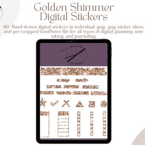 Minimalist Decorative Hand Drawn Digital Stickers for Digital Planning & GoodNotes | Golden Shimmer Digital Planner Stickers | Gold Glitter