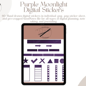 Decorative Hand Drawn Digital Stickers for Digital Planning & GoodNotes | Purple Moonlight Digital Planner Stickers | Individual .pngs