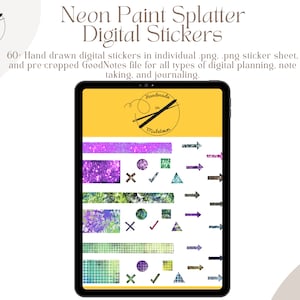 Op de afbeelding: Een digitale planner-stickerblad met meer dan 60 handgetekend stickers in individuele PNG-bestanden. De stickers bevatten neon-verfspatten in verschillende kleuren en patronen, waaronder glitter, groen en blauw. Het blad bevat ook pijlen, cirkels, vierkanten en driehoeken.