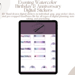 Birthday and Anniversary Hand Drawn Digital Stickers for Digital Planning & GoodNotes | Evening Watercolor Digital Planner Stickers