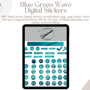 Days of the Week and Dated Hand Drawn Digital Stickers for Digital Planning & GoodNotes | Blue-Green Wave Digital Planner Stickers