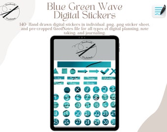 May include: A digital sticker sheet with 140 hand-drawn stickers in blue and green wave designs. The stickers include numbers, days of the week, and other shapes. The stickers are designed for digital planning, note-taking, and journaling.