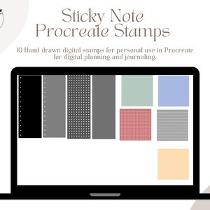 May include: A laptop screen shows digital sticky note stamps for Procreate. The stamps feature designs like dotted, lined, and solid, in grey, pink, blue, and yellow. Text reads "Sticky Note Procreate Stamps" and "10 hand drawn digital stamps."