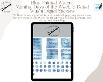 May include: A digital planner sticker sheet with blue watercolor backgrounds. The sheet includes stickers for days of the week, months of the year, and numbers 1-31. The stickers are designed for digital planning, note taking, and journaling.