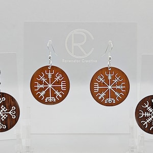 Nordic Charm Earrings, Vegvisir Compass, Magical Staves, Walnut or Cherry Wood, Dangle Lightweight Fashion Jewellery Dangly Present,  Gift