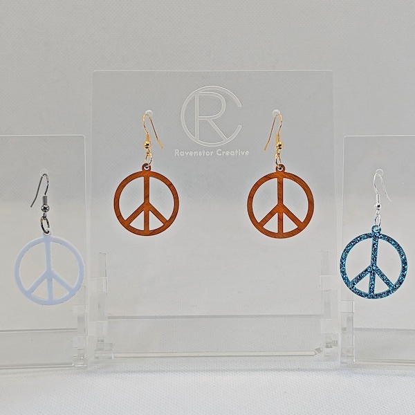 Peace and Love Symbol Acrylic or Wood Earrings, 80's Sign Retro Bright & Bold Dangle Jewellery Other Colours Available including Neon