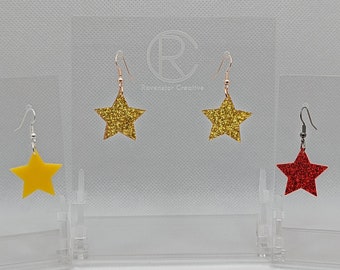 Star Earrings, Range of Acrylic colours including Glitter, Sparkle and Neon, Lightweight Gift, Bold Bright, Dangly Jewellery.  Present