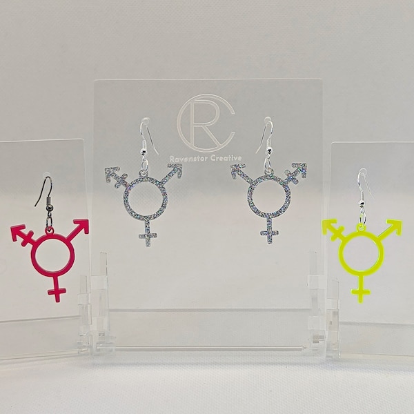 Transgender Symbol Earrings, range of colours Lightweight Bold Colourful Drop Dangly Jewellery Trans Transsexual LQBTQ+ Love Gift Present