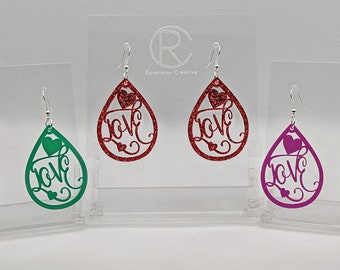 Love Heart Teardrop Earrings, a Range of Colours, Lightweight Acrylic Bold Bright Colourful Drop Dangly Love Gift  Present
