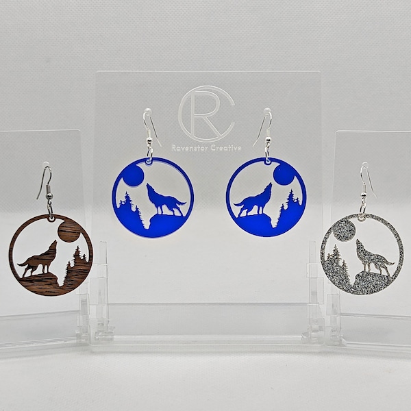 Wolf Howling at the Moon Earrings, Lightweight Acrylic, Bold Bright Colourful, Drop Dangly Nature Bird Jewellery, Love Gift Present