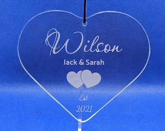 Personalised Glass Heart Hanging Decoration, Wedding/Civil Ceremony/Engagement/Anniversary, Engraved Gift with Your Message  Present