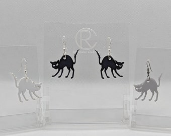 Angry Cat Earrings in a range of colours, Lightweight Scared Kitty Bold Bright Drop Dangly Jewellery Halloween Gift Present