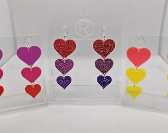 Heart Chain Trio Earrings, Lightweight Acrylic Bold Bright Colourful Drop Dangly Jewellery Love Gift  Present