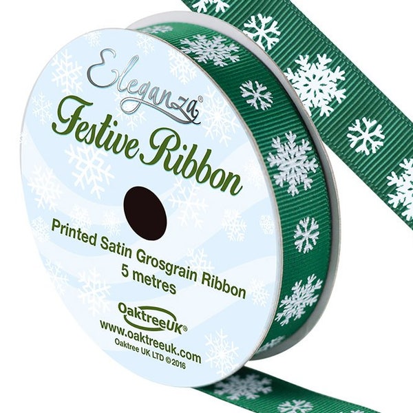 Ruban vert flocon de neige 5 m x 15 mm, satin gros-grain Noël, papier cadeau, bobine de cadeau