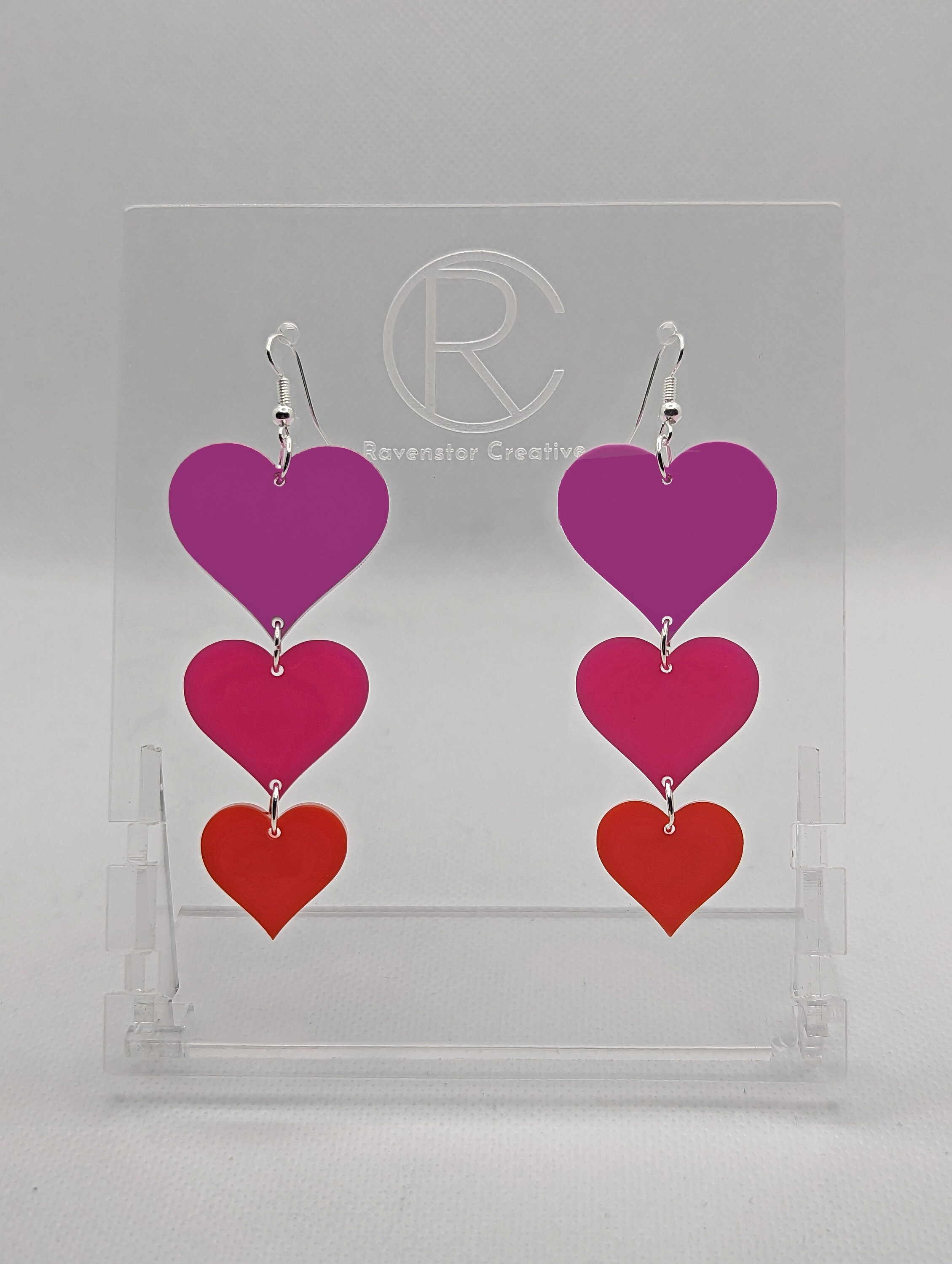 Orecchini Pendenti A Cuore Triplo In Acrilico – Rosso E Rosa – Leggeri E Ipoallergenici – Regalo Donna