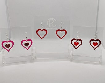 Heart in a Heart Earrings, Lightweight Acrylic Bold Bright Colourful Drop Dangly Jewellery Love Gift  Present